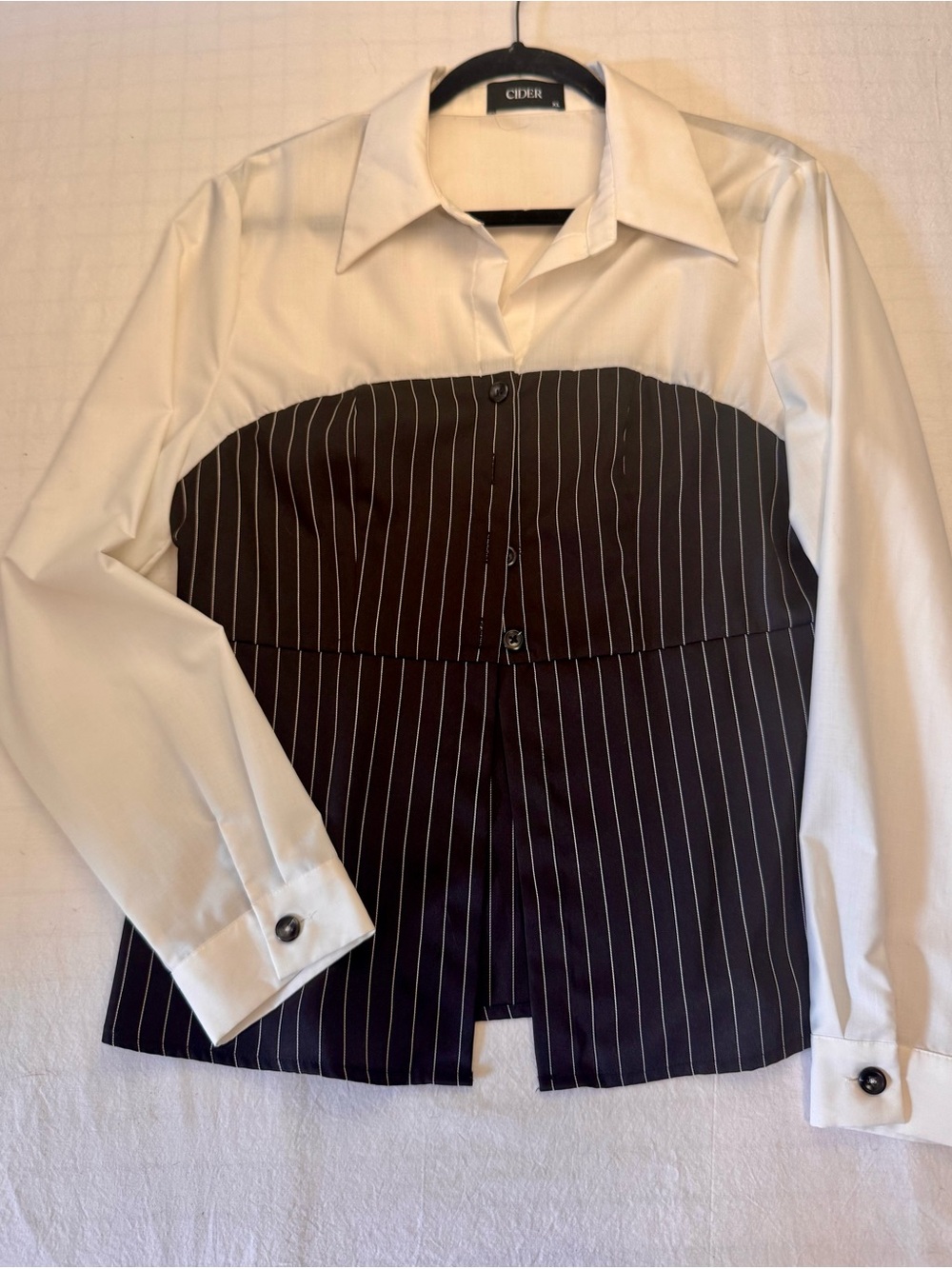 Cider Two-Tone White and Black Pinstripe Bustier Blouse